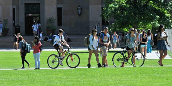 Norlin Library, students walking, biking