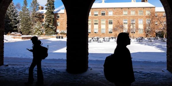 Silhouettes of students on a snowy day